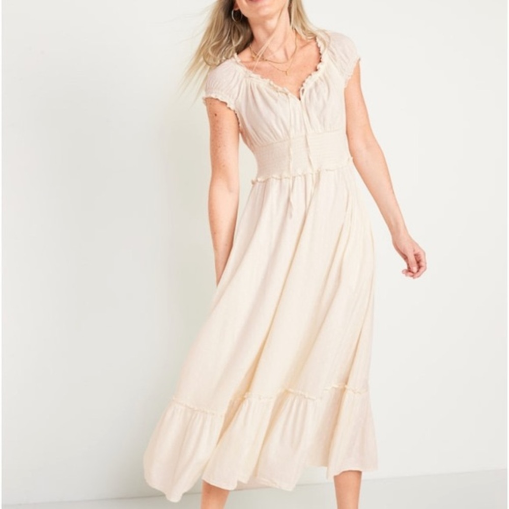 NWT! Waist-Defined Puff-Sleeve Cotton Midi Peasant Dress